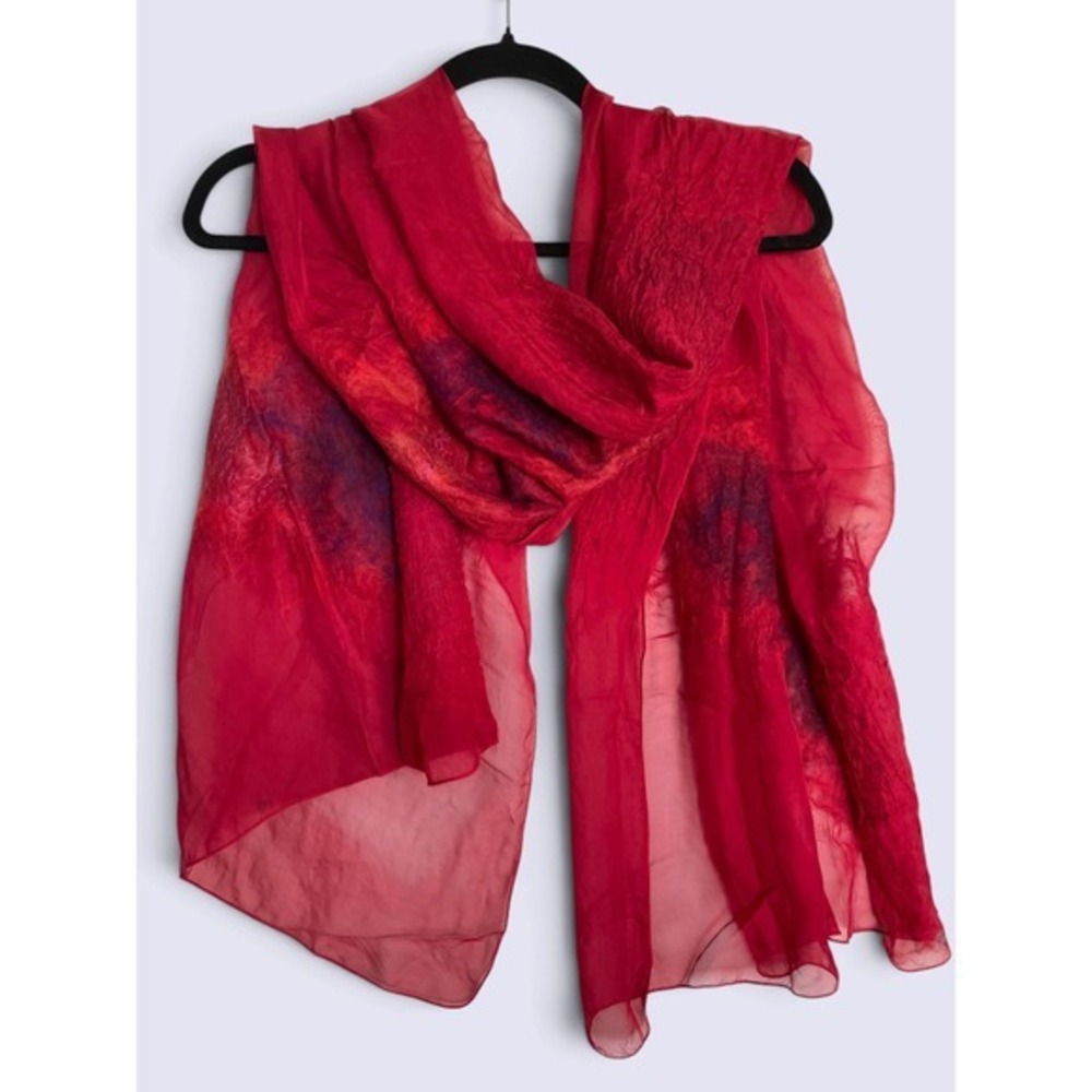 Artisan Made Nuno Felted Silk Wool Scarf Shawl Wrap Fuchsia Red Purple OOAK 76"
